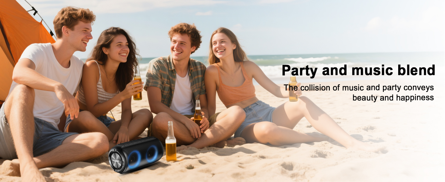 Text reads 'Party and music blend'. Group social setting with entertainment and gathering space shown.