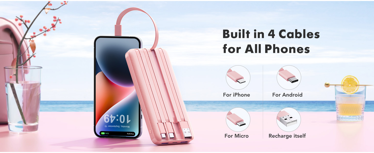 portable charger with built in cables
