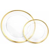 Lillian Tablesettings Magnificence 32-Piece Gold Rim Plastic Plates Set, Heavyweight Disposable D...