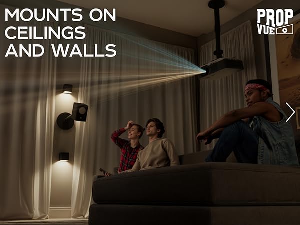 MOUNTS ON CEILINGS AND WALLS shown with ceiling projector in living room.