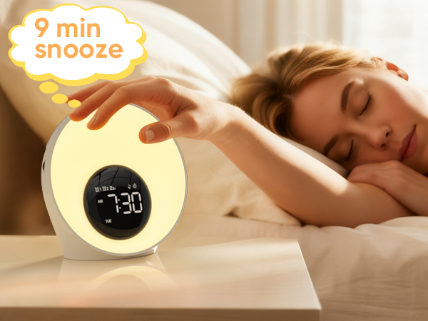 Text reads '9 min snooze'. Product sequence showing wake-up light alarm clock with warm glowing display in bedroom setting.