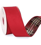 Ribbli Red Velvet Wired Ribbon with Metallic Plaid Reversible 2.5 Inch Christmas Ribbon for Gift ...