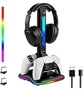 JDGPOKOO PS5 Controller Charger with RGB Headphone Stand, PS5 Controller Charging Station with 2 ...