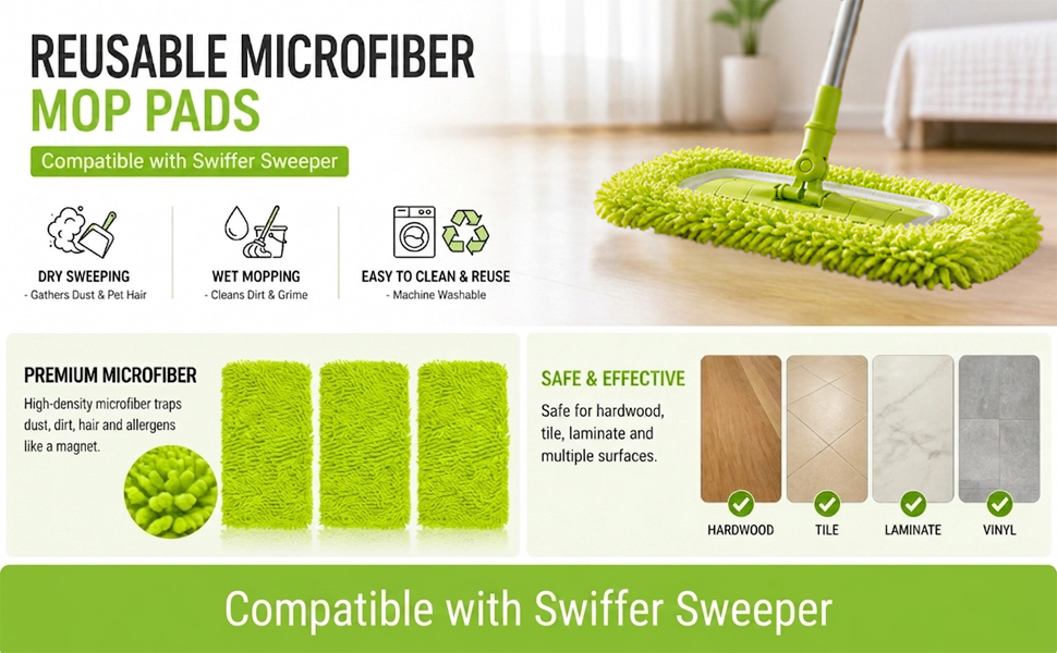 reusable microfiber mop pads Widely used Floors Window panes Tile walls Staircases