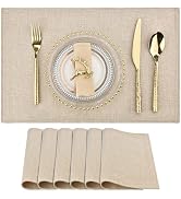 SLKQG Beige Faux Linen Placemats Set of 6, Heat Resistant Washable Double Layer Cloth Place Mats ...