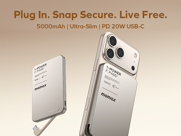 Text reads 'Plug In. Snap Secure. Live Free.' '5000mAh | Ultra-Slim | PD 20W USB-C'. Multiple views of a white portable power bank or charger device shown from different angles.