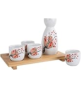 ABuff Japanese Sake Set, 1 Tokkuri Bottle &amp; 4 Ochoko Cups with a Bamboo Tray, Orange Blossom Cera...