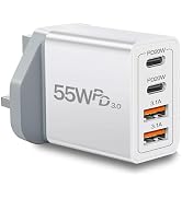 UK Travel Plug Adapter, Type G Plug Adapter 55W 4 Port UK USB C Charger Fast Charging Block UK Ir...