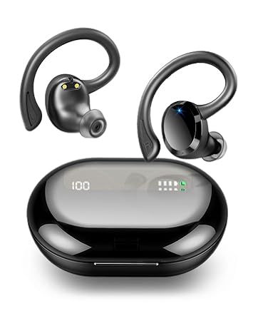 Wireless earbuds with ear hooks and charging case. Case displays battery percentage. Earbuds have a black finish and curved design for secure fit.