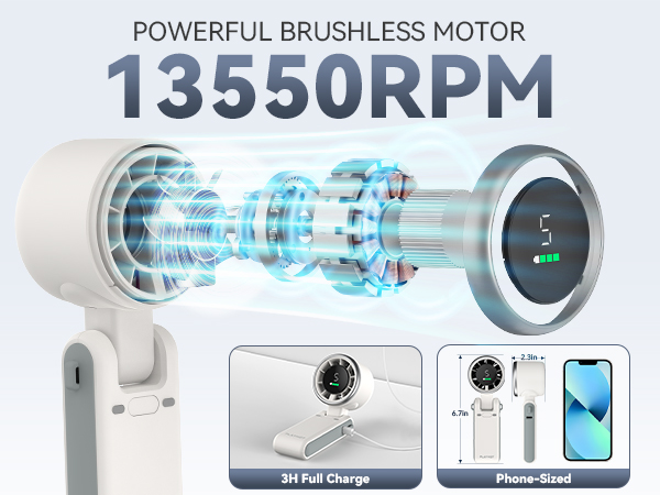Powerful small fan brushless motor phone sized portable fan for travel compact white travel fans