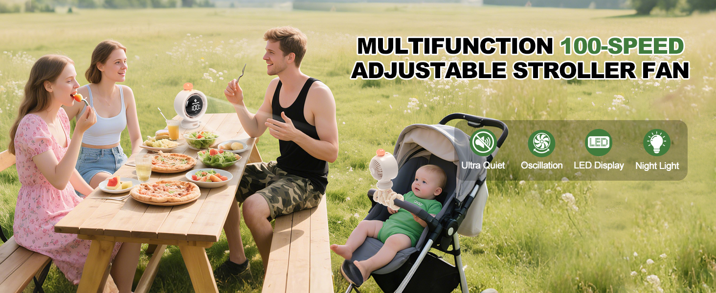 Multifunction 100-Speed Adjustable Stroller Fan