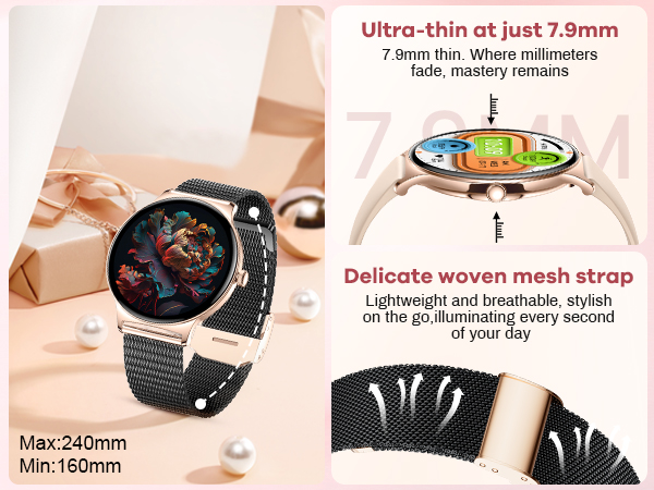 Smartwatch with round face, colorful display, and black mesh strap. Features 7.9mm ultra-thin design, woven mesh strap, and adjustable length from 150mm to 240mm.