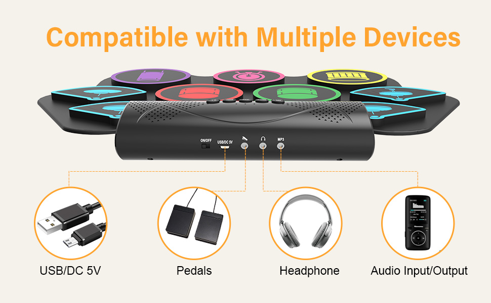 9 Pad Electronic Drum Set, Roll Up Portable Drum Pad Kit with MIDI Bluetooth, Built-in Speaker