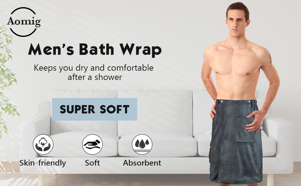 Aomig men's bath wrap advertisement showing gray towel wrap with product features: skin friendly, super soft, and absorbent qualities highlighted with icons.
