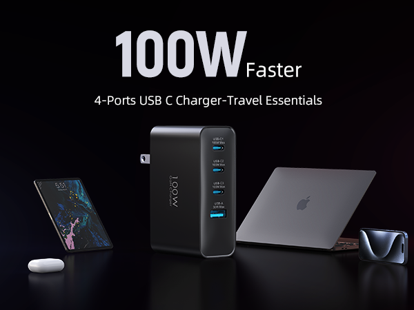 USB C Travel Charger 4-Ports Foldable Travel Adapter Plug Converter with UK/EU/AU Plugs