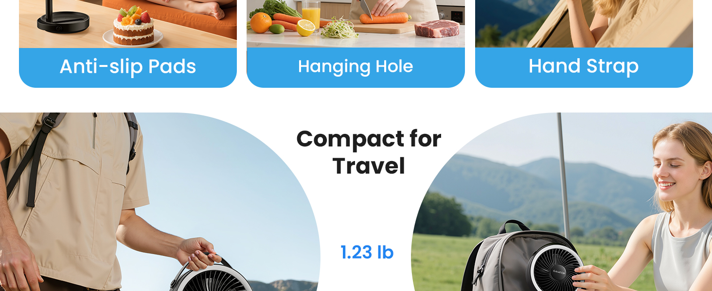 Text reads 'Anti-Slip Pads', 'Hanging Loop', 'Hand Strap', 'Compact for Travel', '12.7 lb'. Product feature callouts showing specific design elements.