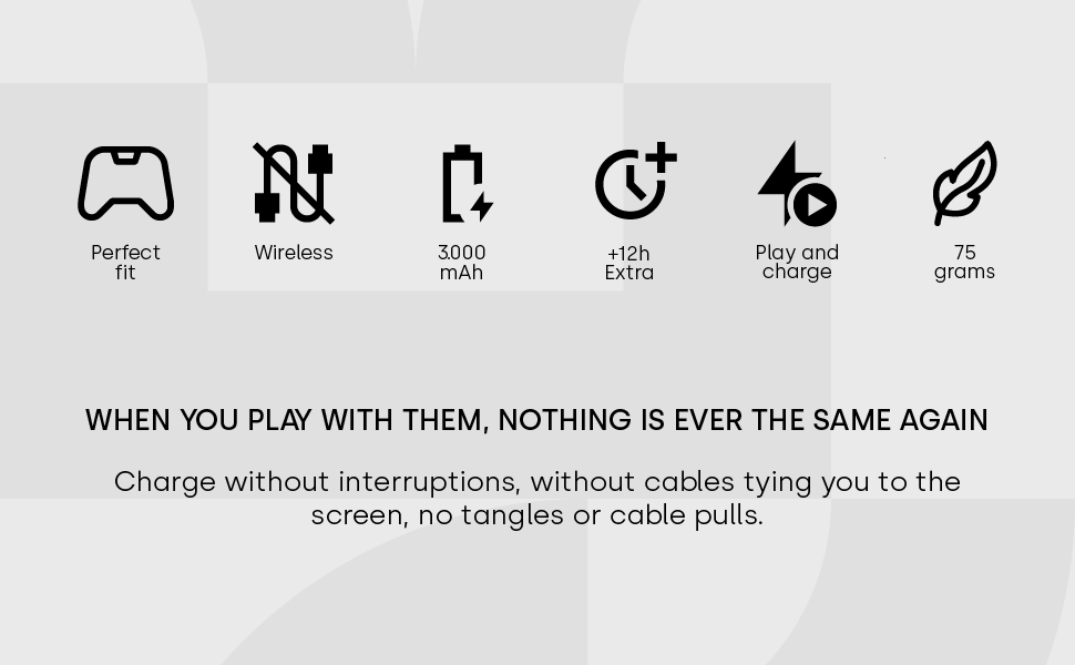 Product feature icons showing wireless gaming device capabilities including perfect fit, wireless connectivity, 42h battery life, and glide functionality.