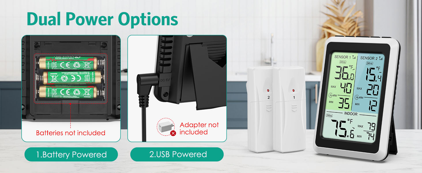 Wireless Freezer Thermometer, Digital Refrigerator Thermometer with 2 Sensors