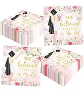 50Pcs Pink Graduation Napkins 2026, She Believed She Could So She Did Napkins Paper, Floral Gradu...