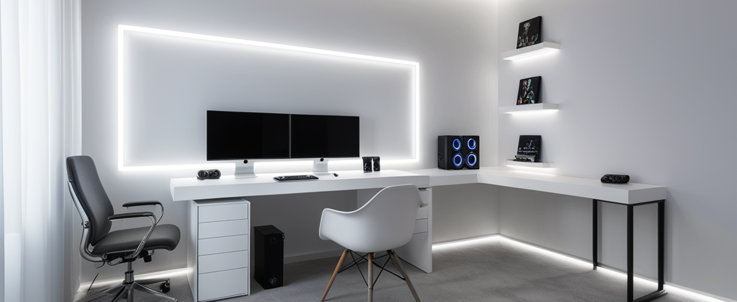 Modern minimalist home office setup with white desk, LED backlight trim, dual monitors, floating shelves, and black/white office chairs against white walls.