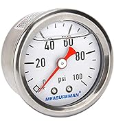 MEASUREMAN 1-1/2" Dial Size, 304 Stainless Steel case, Liquid Filled Fuel Pressure Gauge, 0-100Ps...