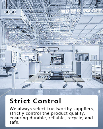 Industrial manufacturing facility interior with exposed ceiling infrastructure, showing clean production line setup with quality control signage.