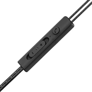Black in-line audio control module with volume buttons and braided cable, featuring playback controls and what appears to be a microphone opening.