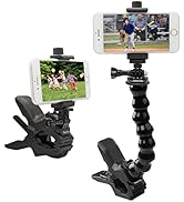 Flexible smartphone mount with clamp and articulating arm. Features adjustable grip for phones, with demonstration images showing outdoor use for photography or video recording.