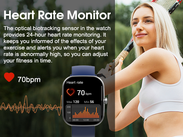 Smartwatch with heart rate monitor feature. Display shows 70bpm heart rate and graph. Text explains 24-hour monitoring and abnormal rate alerts.