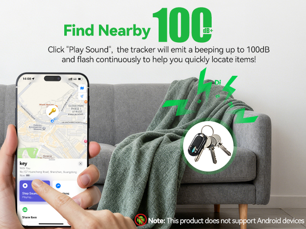 uses a phone map to locate a keychain with tracker, which is beeping from under a blanket on a sofa