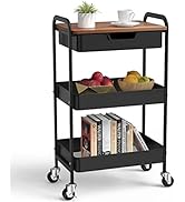 Aratan 3 Tier Rolling Cart with Drawer, Metal Utility Cart on Wheels Storage Cart with Wood Top, ...