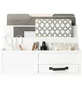 BLU MONACO White Desktop Organizer with Drawer &amp; Pen Holder - Home Countertop Storage - Paper Woo...