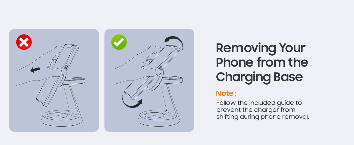 Text reads 'Removing Your Phone from Base' and 'Charging Base'. Instructional diagrams showing phone charging base installation steps with check and cross marks.