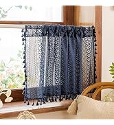 Sutuo Home Navy Blue Boho Curtains Valance 18 Inches Long for Kitchen Cafe, Sheer Lace Short Curt...
