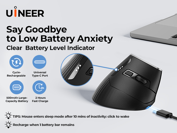 Text reads 'Clear Battery Level Indicator' and 'Say Goodbye to Low Battery Anxiety'. Shows wireless computer mouse with battery indicator features.