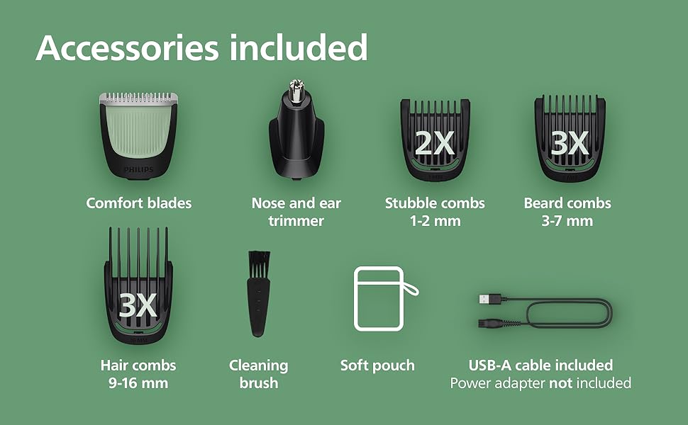Overview of Philips trimmer accessories including combs and charger.