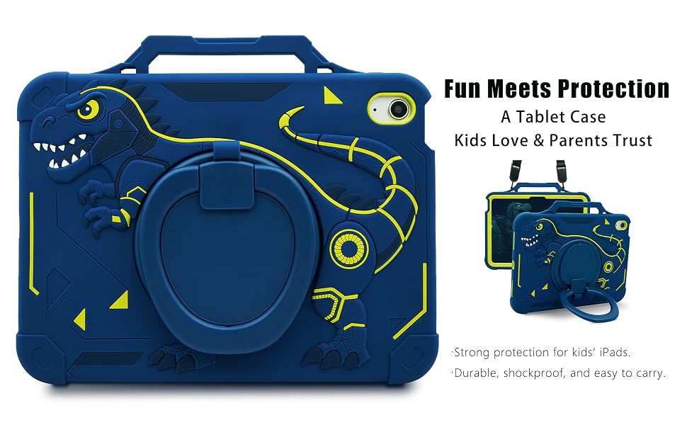 Blue dinosaur iPad case with handle and stand for boys, fits iPad 10th &amp; 11th Gen