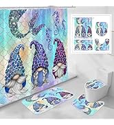 Litabel 4 Pcs Summer Mermaid Gnomes Shower Curtain Set with Non-Slip Rugs, Toilet Lid Cover and B...