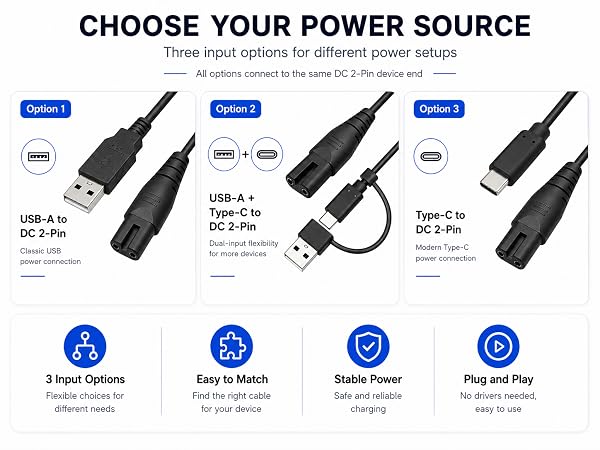 DC 2-pin charging cable for select water flossers with figure-8 charging port