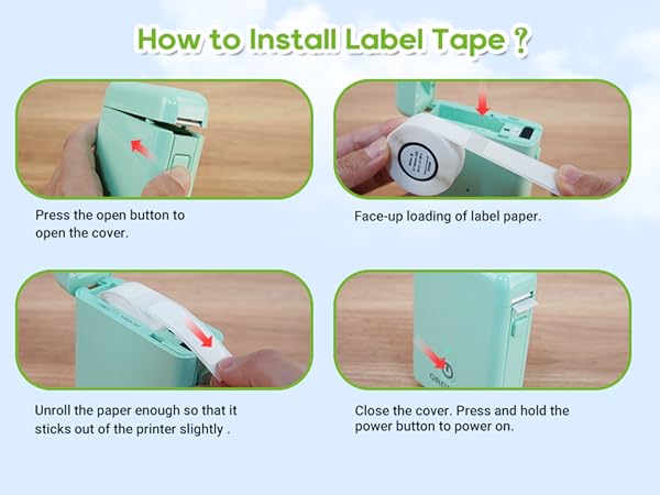 Text reads 'How to Install Label Tape?' Step-by-step instruction images showing mint green label maker usage, including paper loading and printing process.