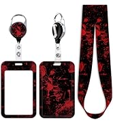 Juanooo Red &amp; Black ID Lanyard Badge Holder &amp; Retractable Badge Reel Clip Horror Halloween Keycha...