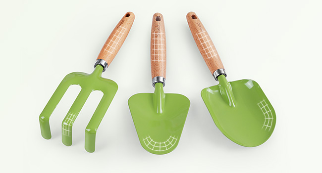 Constructed of stainless steel and raw wood, the Kid Friendly Shape gardening tools for kids