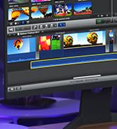 Partial view of a computer screen displaying video editing software interface with a timeline, thumbnails, and colorful visual elements.
