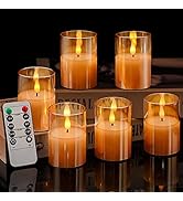 VIODAIM Flameless Votive Candles Battery Operated: Flickering Glass Gold Votive LED Candle with R...