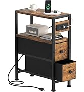 Small Narrow Side Table with Charging Station, Skinny End Table with Fabric Drawers, Slim Nightst...