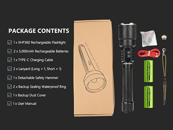 Rechargeable Flashlight Packing List, No Need to Purchase Any Accessories.