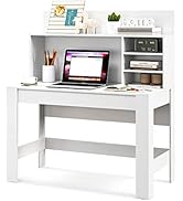 Tangkula White Desk with Hutch, Home Office Desk with Bookshelf, Writing Study Desk with Anti-Top...