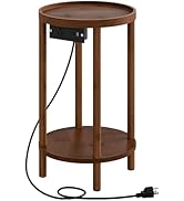 HOOBRO Small Round Side Table with Charging Station, 2-Tier Round Bamboo End Table, Compact Sofa ...