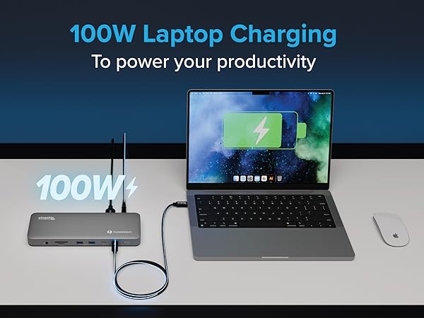 Laptop charging at 100W from Plugable hub with battery icon on screen thunderbolt docking station