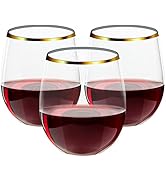 FOCUSLINE 32 Pack 12 OZ Plastic Wine Glasses | Stemless Disposable Wine Cups, Gold Rim Plastic Un...